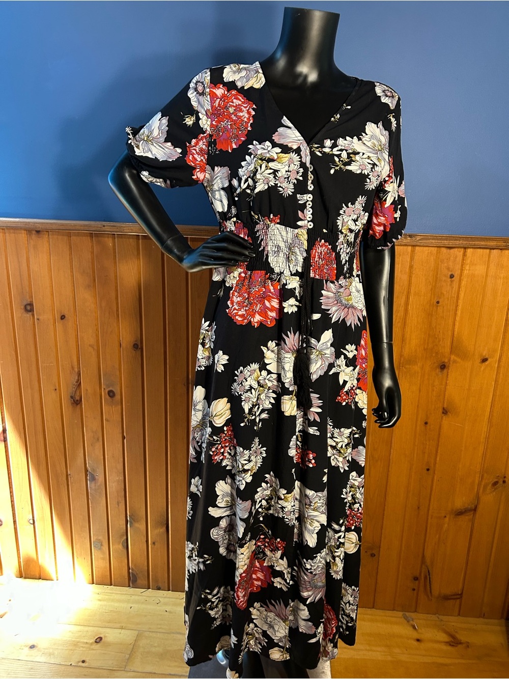 Floral Button-Front Black Midi Dress With Smocked Waist